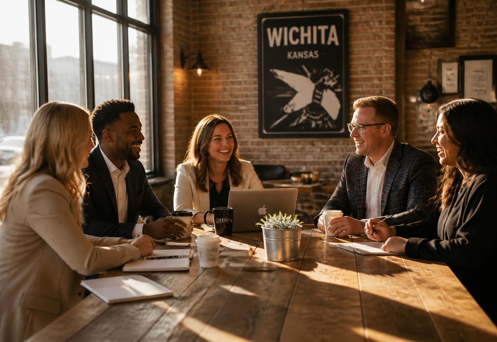 Members of The Collective talking around a long wooden table in a brick loft